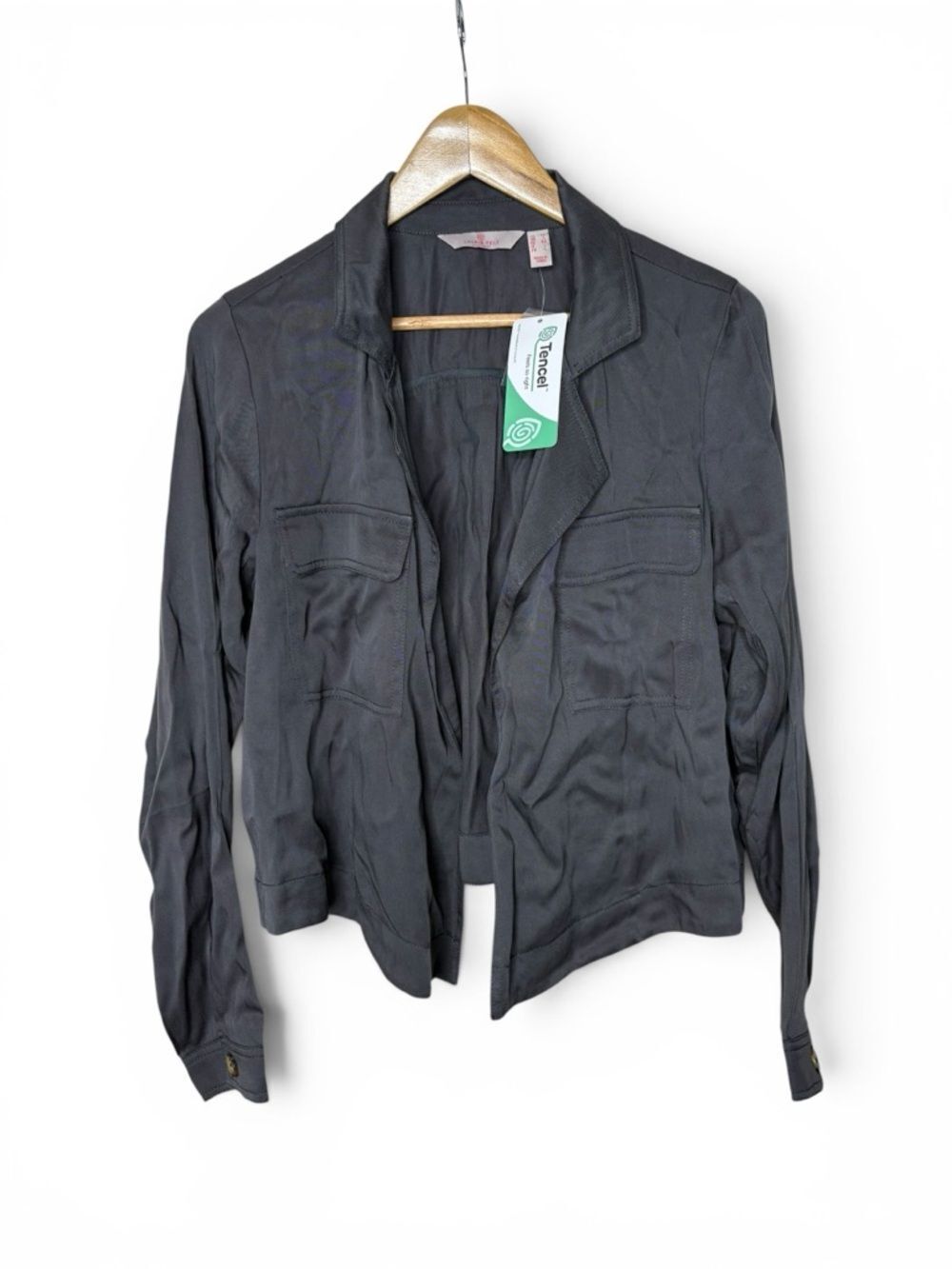 Laurie Felt flowy army jacket dark gray Tencel fabric open front design Size M